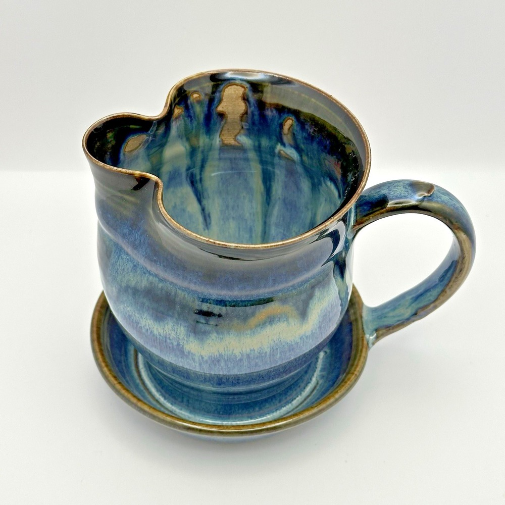 Signed Studio Pottery Gravy Boat Attached Underplate Blue Teal Art Pottery - Picture 5 of 9
